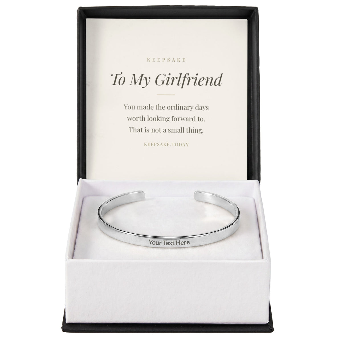 To My Girlfriend engraved cuff bracelet with printed message card