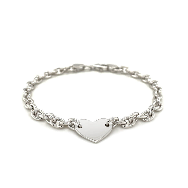 Sterling Silver Rhodium Plated Chain Bracelet with a Flat Heart Station (5.00 mm)