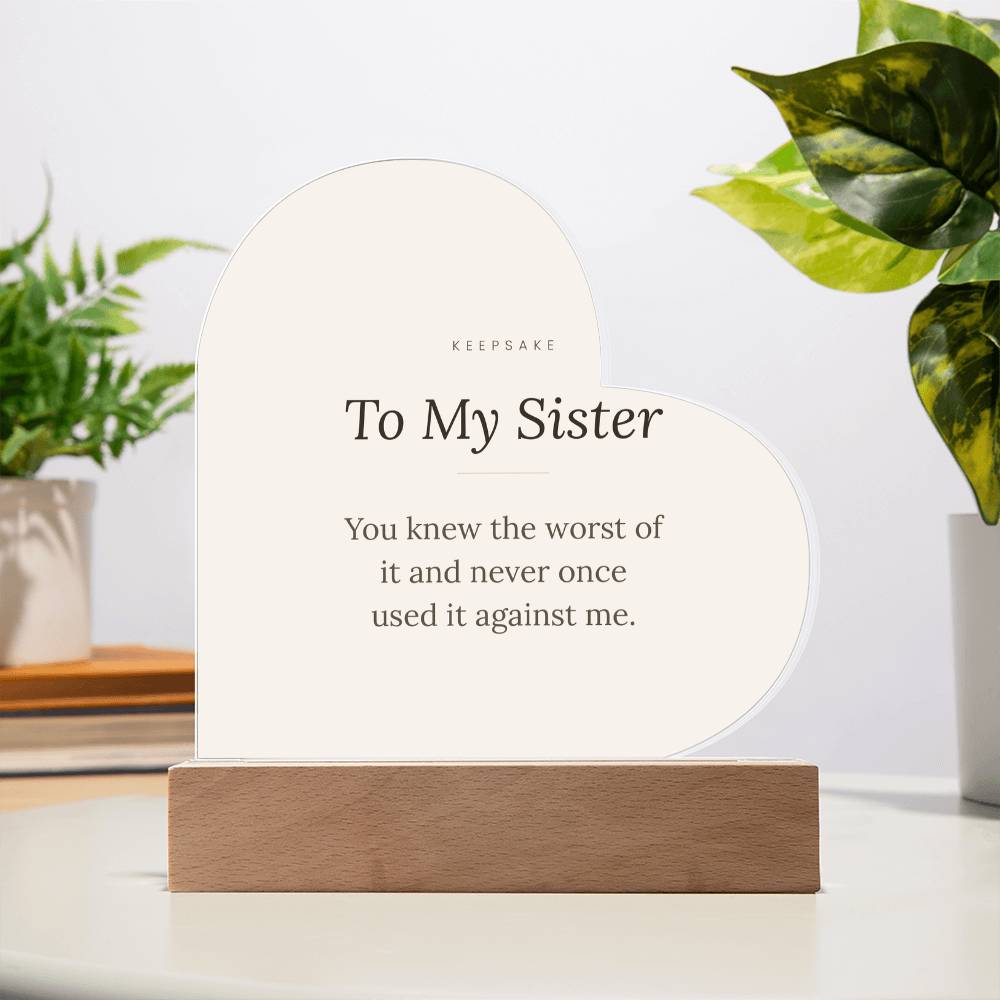 To My Sister Acrylic Heart Plaque with LED Base - Keepsake Gift – view 12